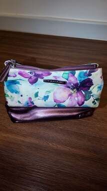 Tahari Floral & Metallic Purple Tri-Fold Travel Makeup Bag / Cosmetic Organizer